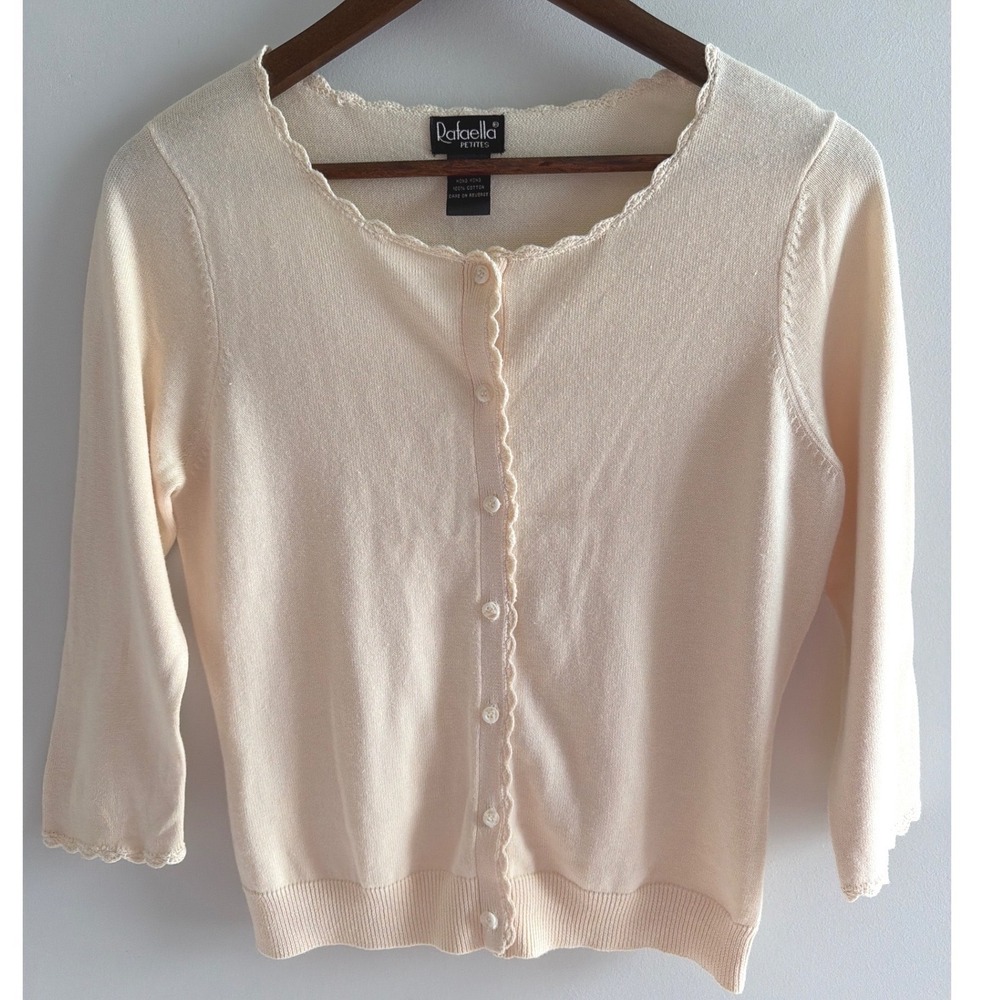 Rafaella Cardigan Top Cream Cotton Cottagecore Scalloped Trim Feminine Small S
